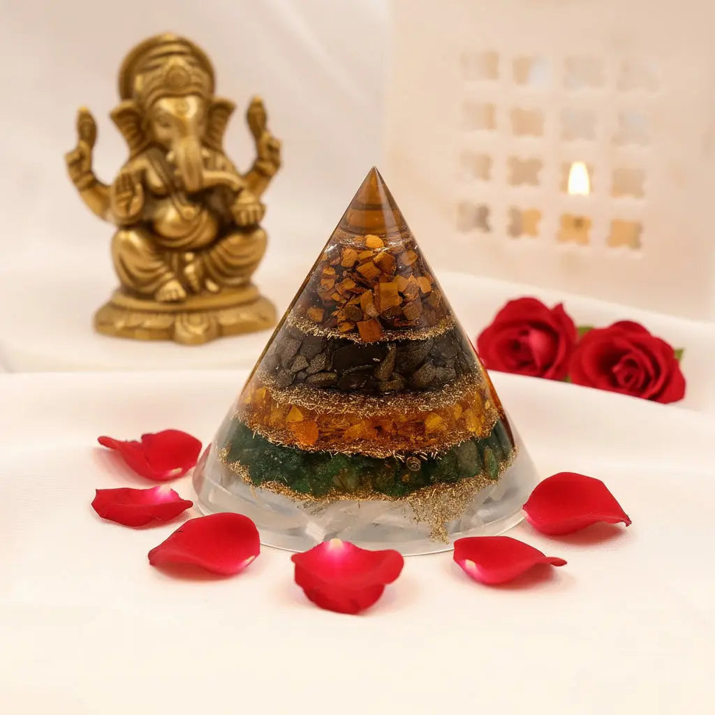 Conical Dhan Yog Pyramid With Selenite Base Gemoraa Talk