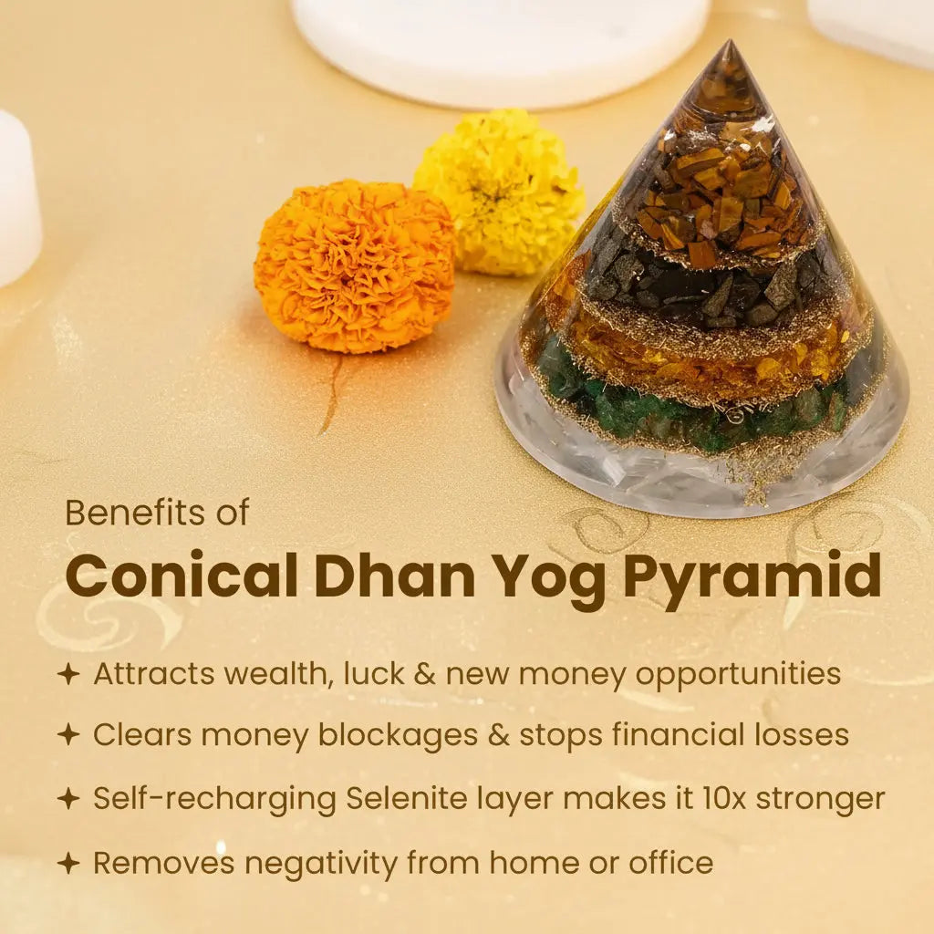 Conical Dhan Yog Pyramid With Selenite Base Gemoraa Talk