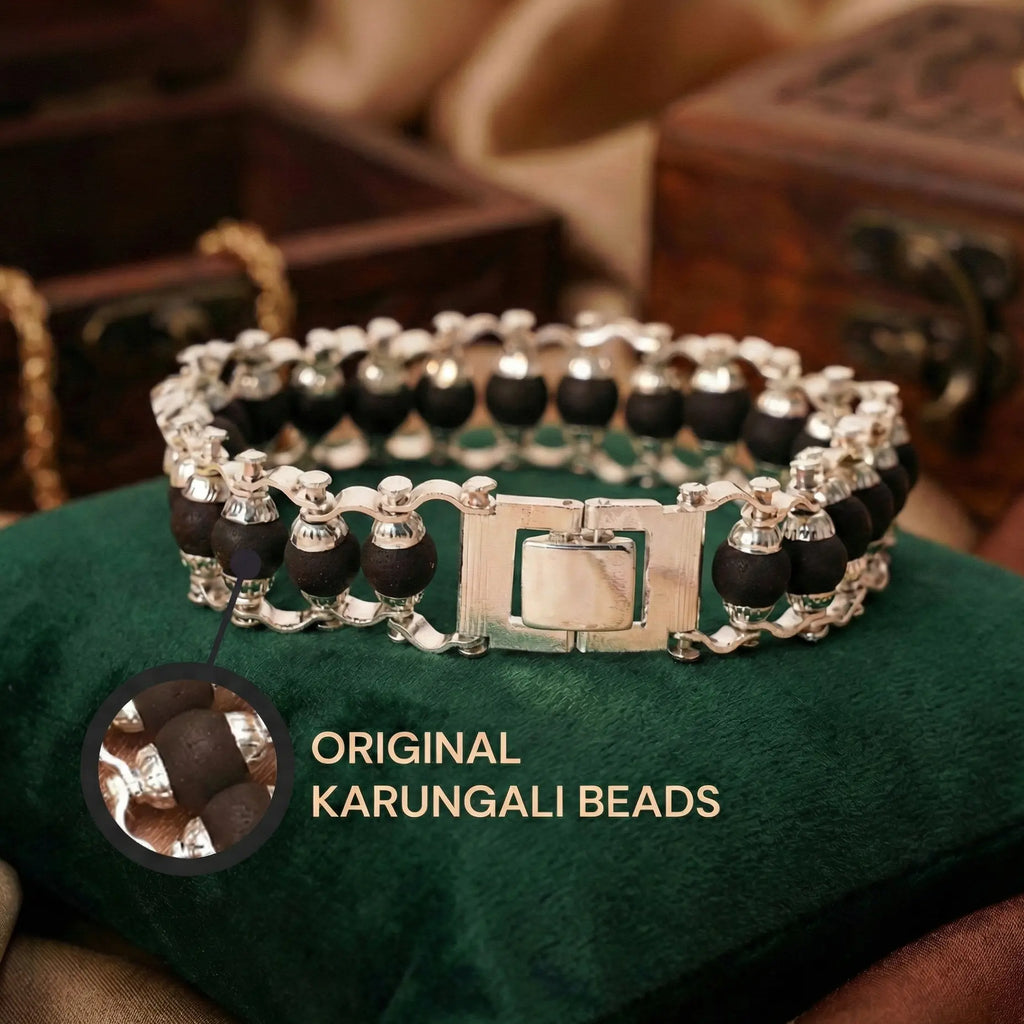 Silver Plated Karungali Modern Bracelet - Natural Ebony Wood Gemoraa Talk