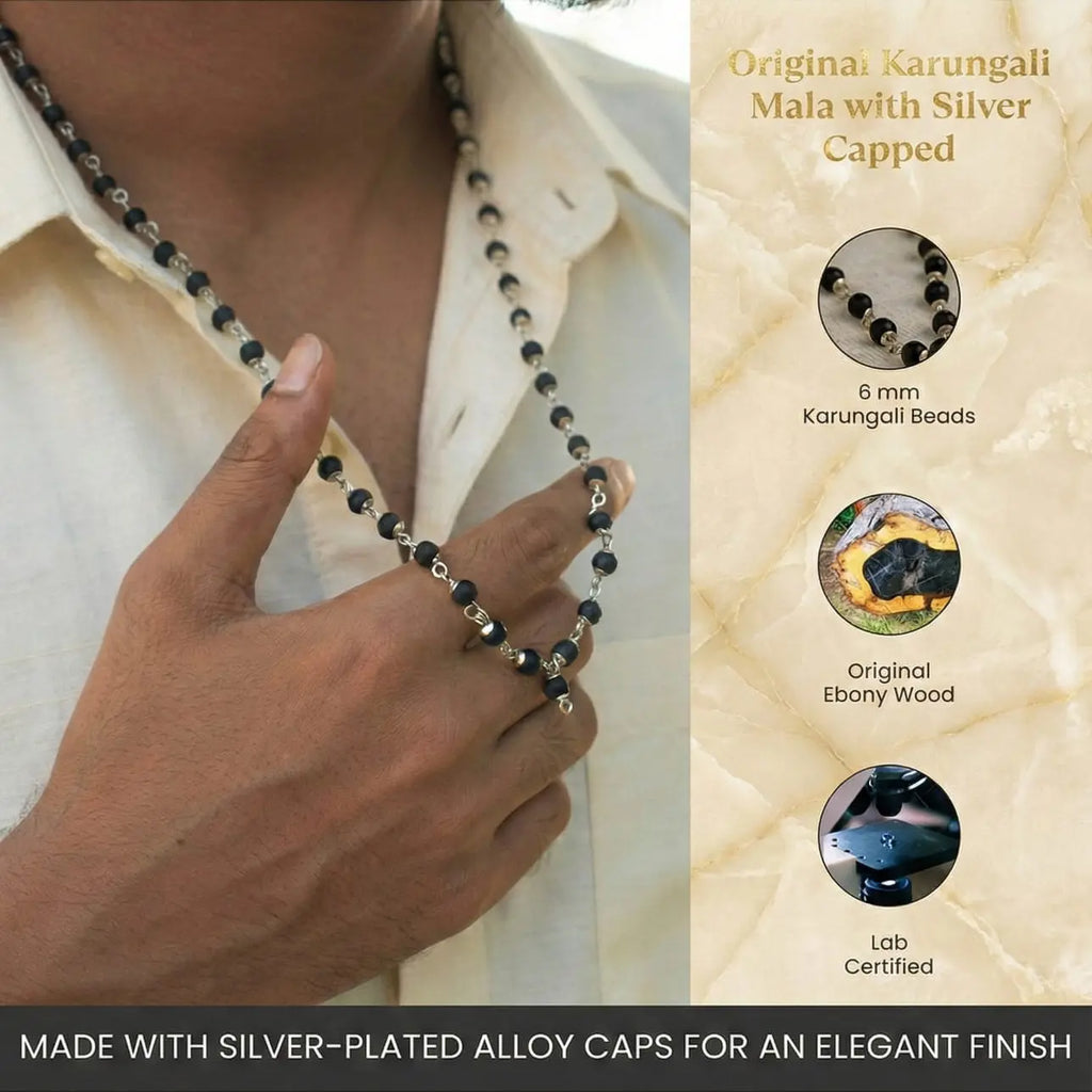 Silver Capped Karungali Malai – with Free lava Bracelet (Govt. Certified) Gemoraa Talk
