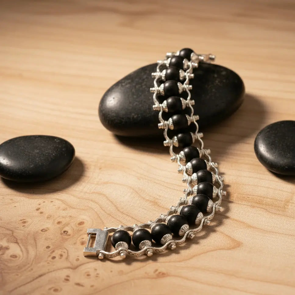 Silver Plated Karungali Modern Bracelet - Natural Ebony Wood Gemoraa Talk