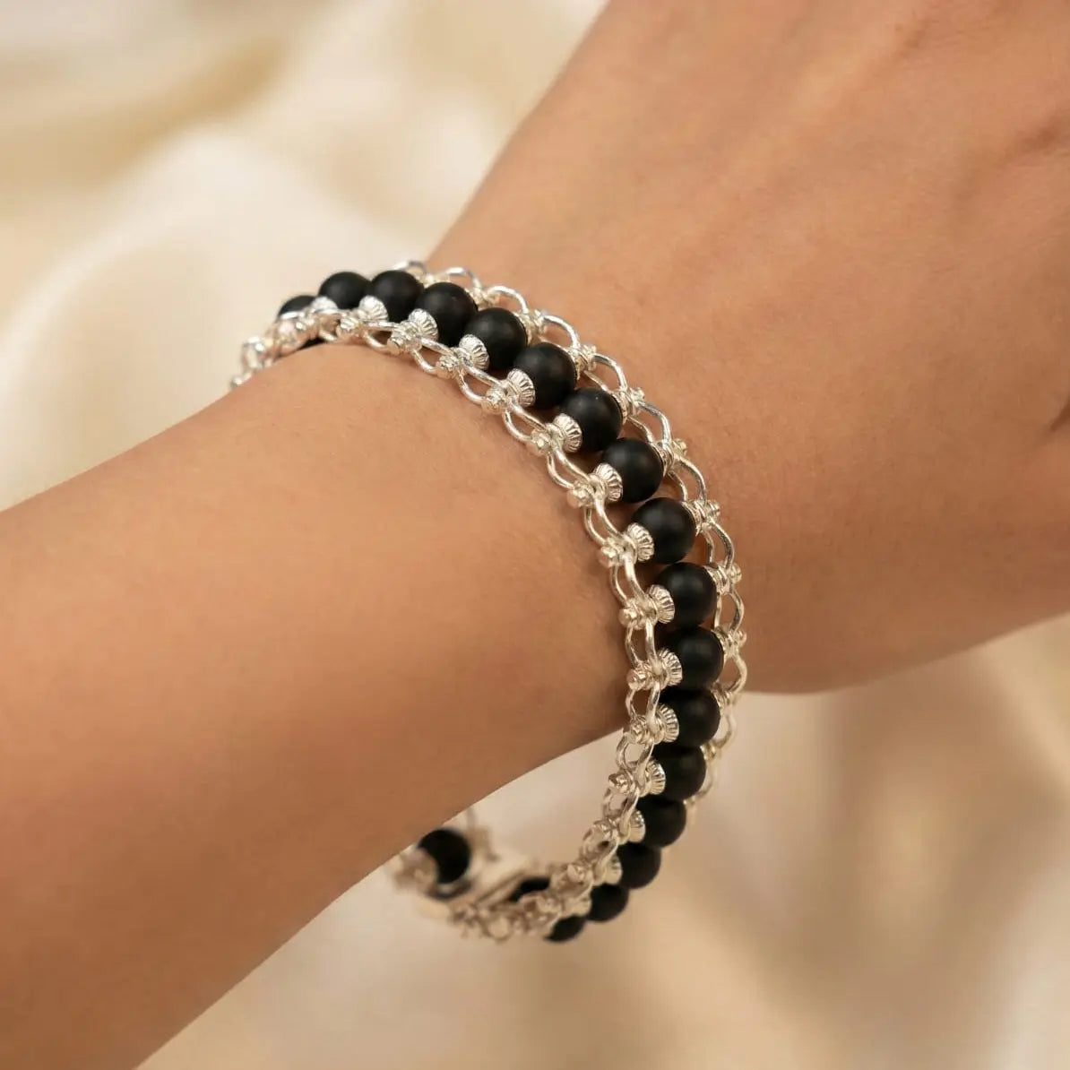 Silver Plated Karungali Modern Bracelet - Natural Ebony Wood Gemoraa Talk