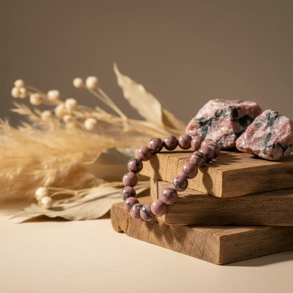 add the bracelate on the wood stack add rodonite rough stone in the back add some thing in the background more according to your intelligence 