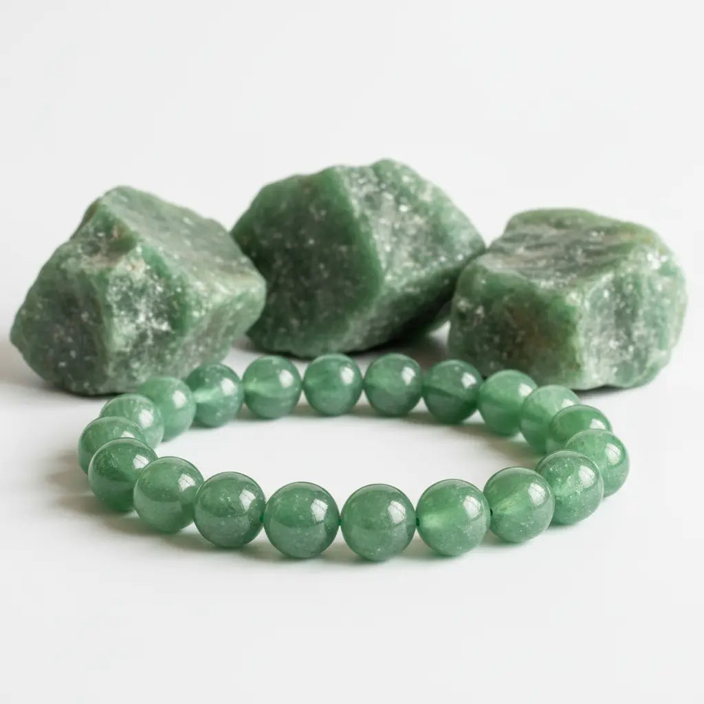 create a image of green aventureine bracelte image and behind raw stone of it 