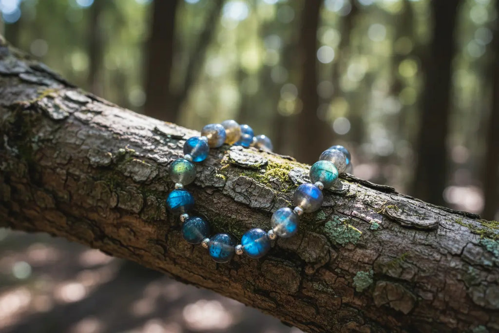 create image of labradorite bracelate on tree