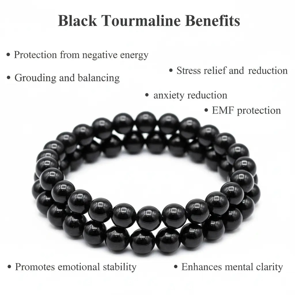 create image with black tourmoline bracelate with it benefits professiionally written 1:1 size 