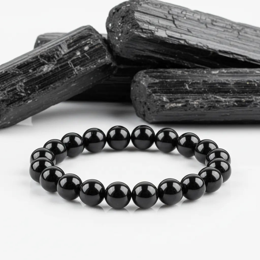 create the image of black tourmoline bracelate real stone with rough stone in the back in 1;1