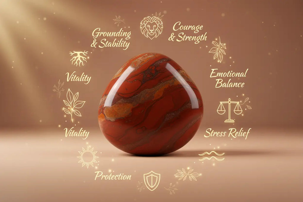 create the image of red jasper crystal with its benefits 