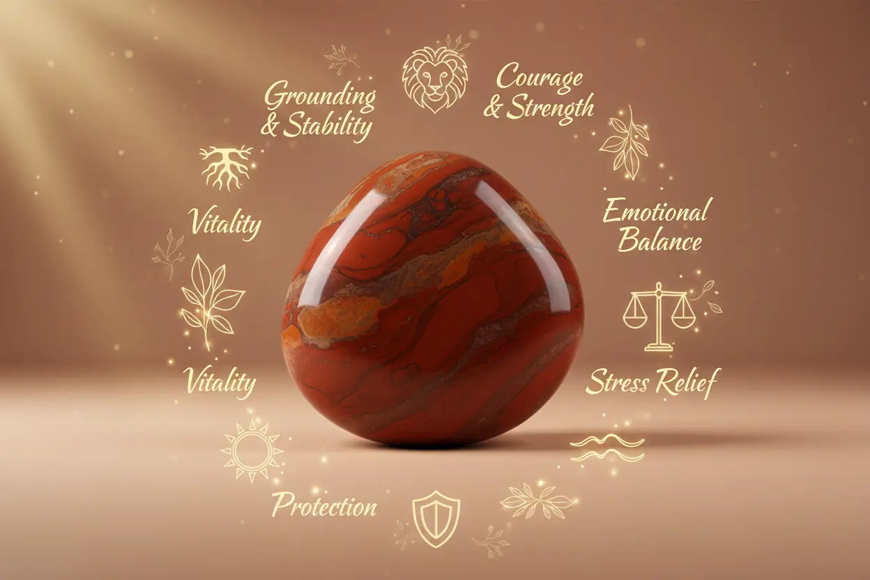 create the image of red jasper crystal with its benefits 