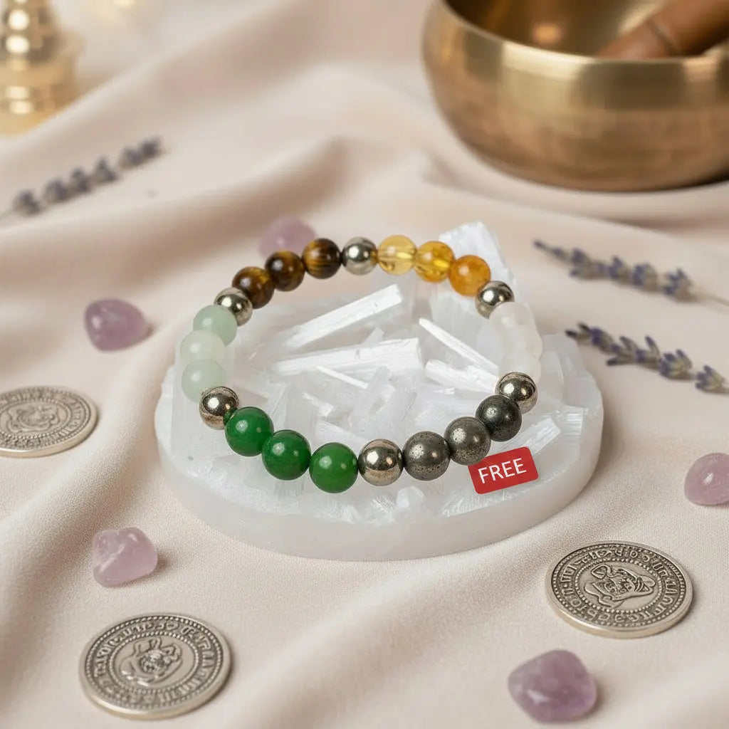 Beaded bracelet with multicolored beads on a white surface with coins and flowers.