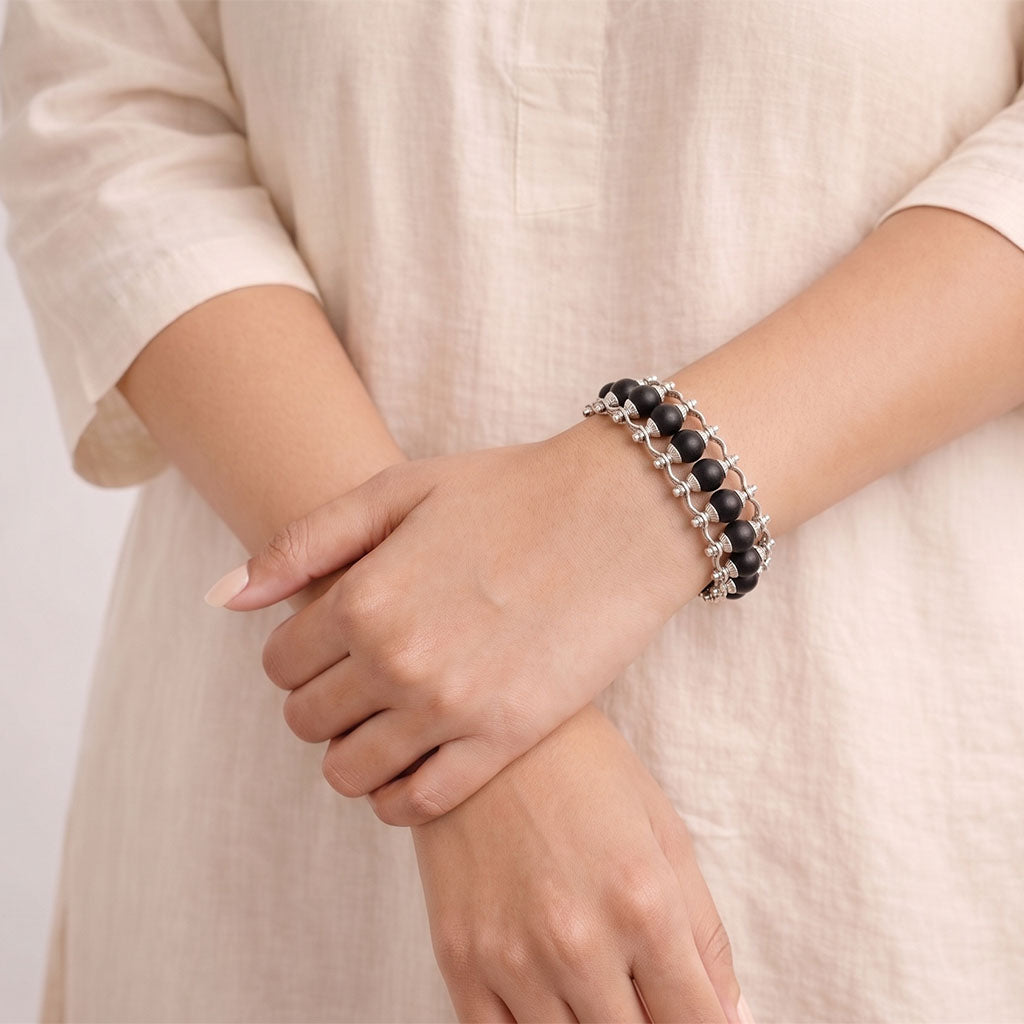 Silver Plated Karungali Bracelet - Natural Ebony Wood - Modern Style