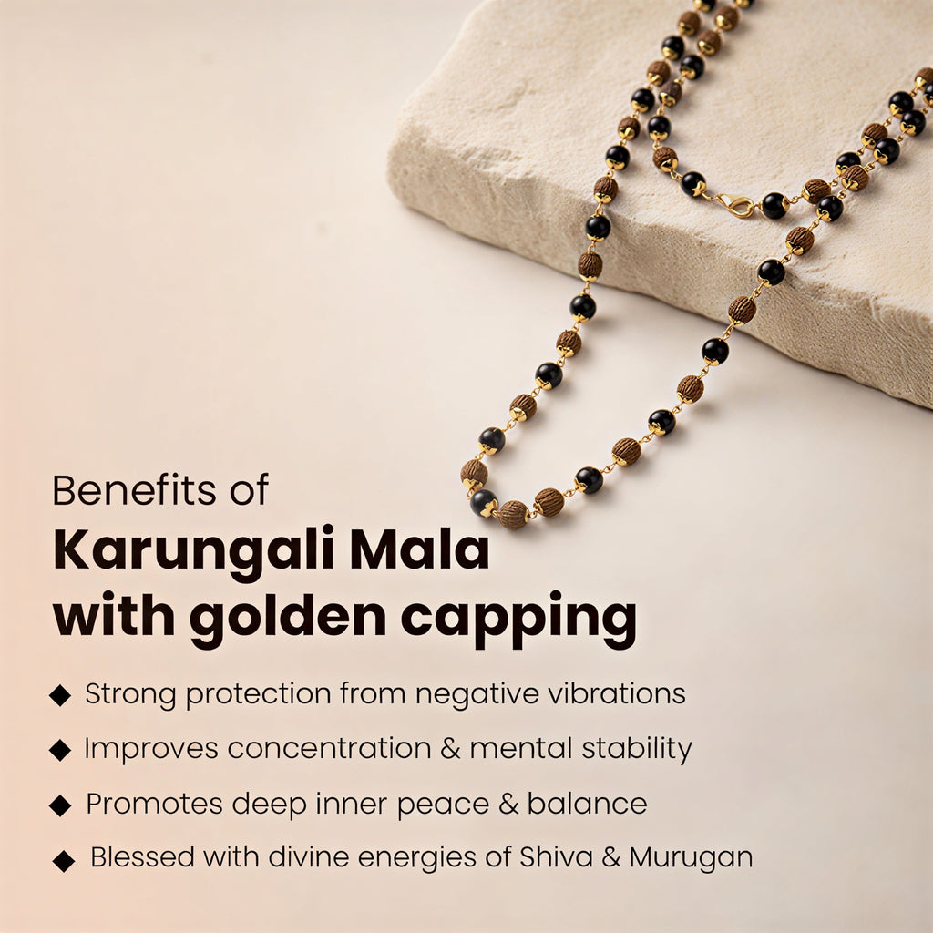 Divya Raksha Rudraksha & Karungali Mala with golden capping (Lab certified)