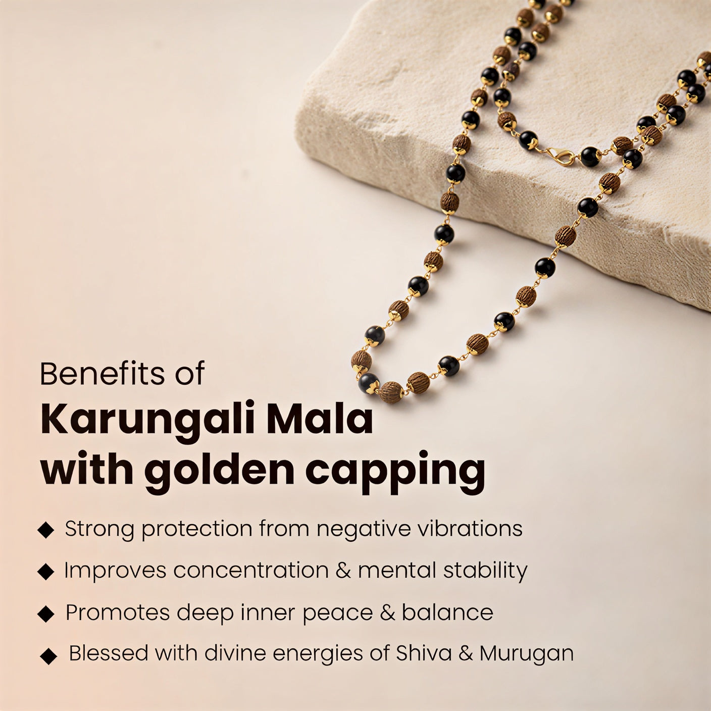 Divya Raksha Rudraksha & Karungali Mala with golden capping (Lab certified)