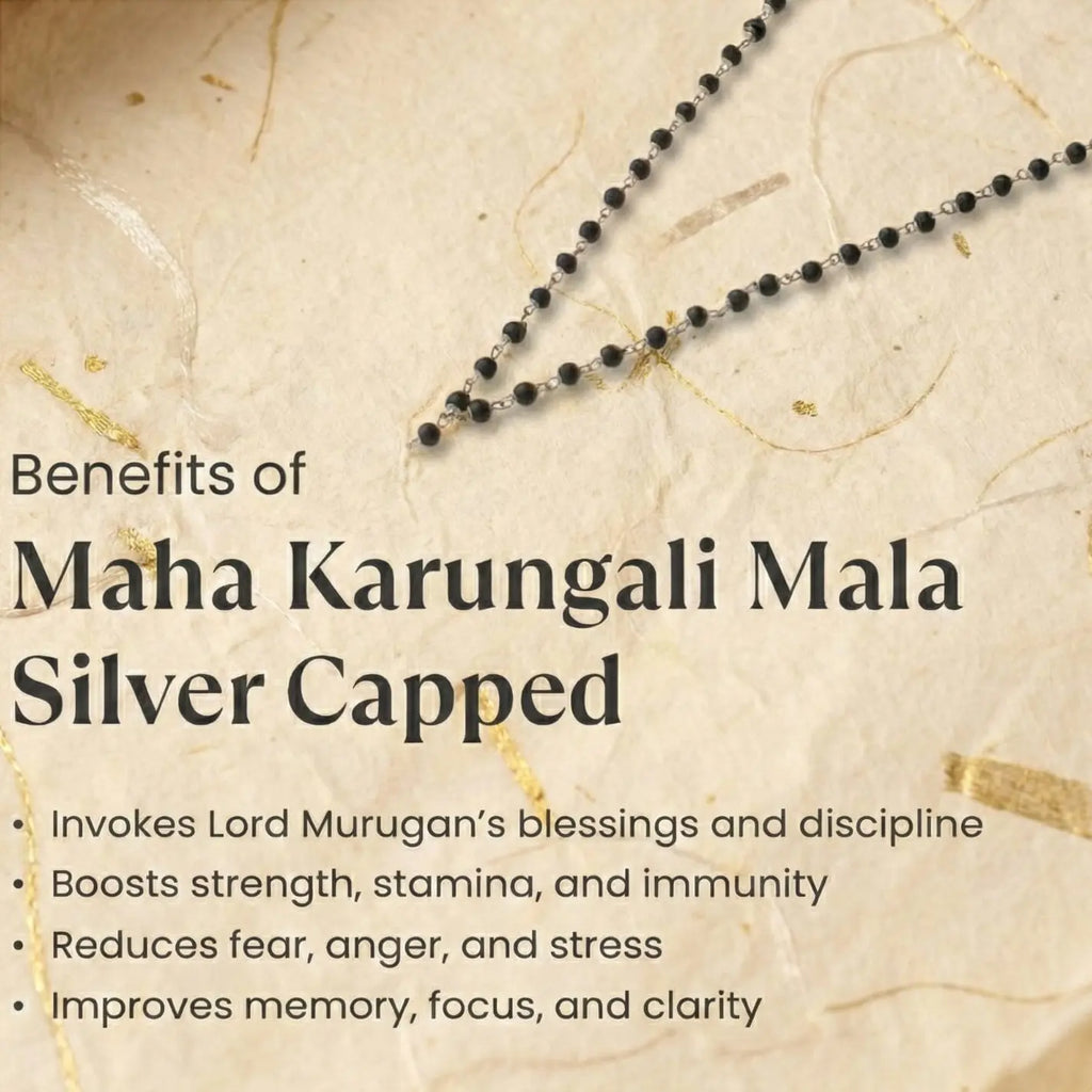 Black beaded necklace on a textured beige background with text about Maha Karungali Mala Silver Capped