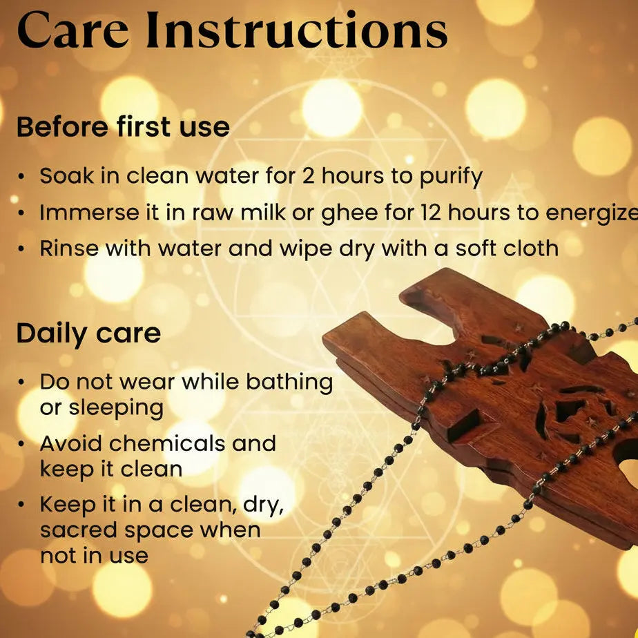 Care instructions for a wooden pendant with a gold background