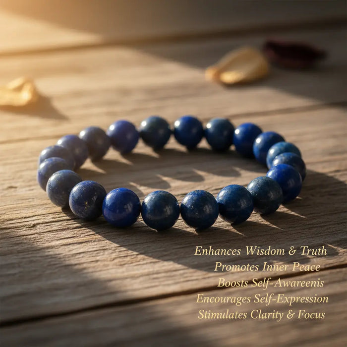 lapis lazuli bracelate on table and sunlight on it and mentioning the benefits in 1:1