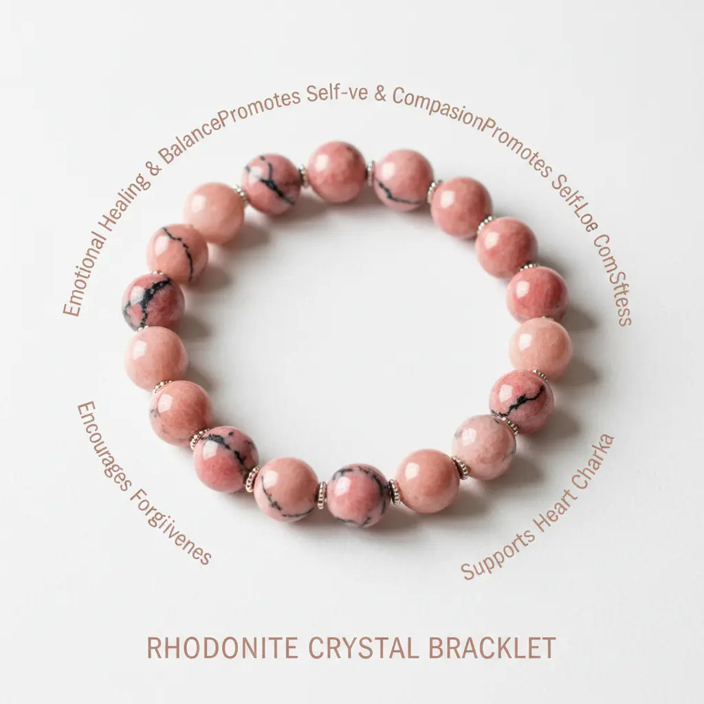 make a image of rodonite bracelate mentioning the benefits of it in 1:1 ratio 