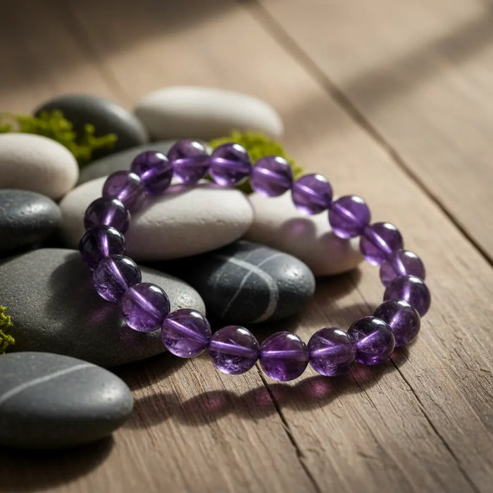 make another image of the amathyst bracelate on the table and on pabble 