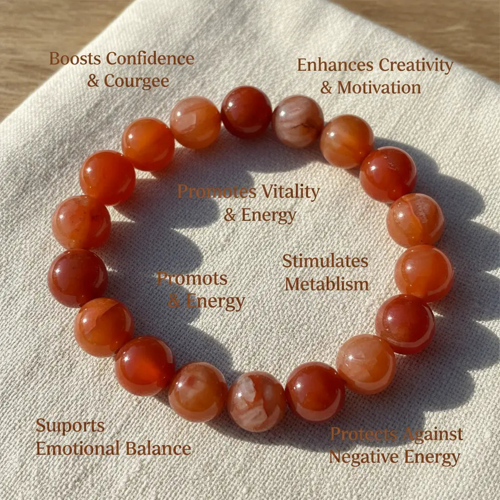 please create the carleanian bracelate image with real inclusion on it and mention the benefits of it in 1:1 size 