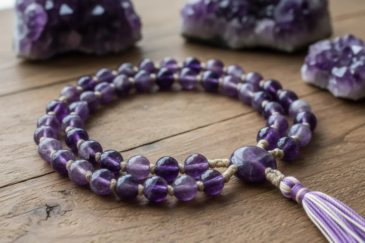 please give me good image of mala that is of 108 +1 bead of amathyst crystal mala should look real aslo make background mala on wood and cluster of amathyst in back 