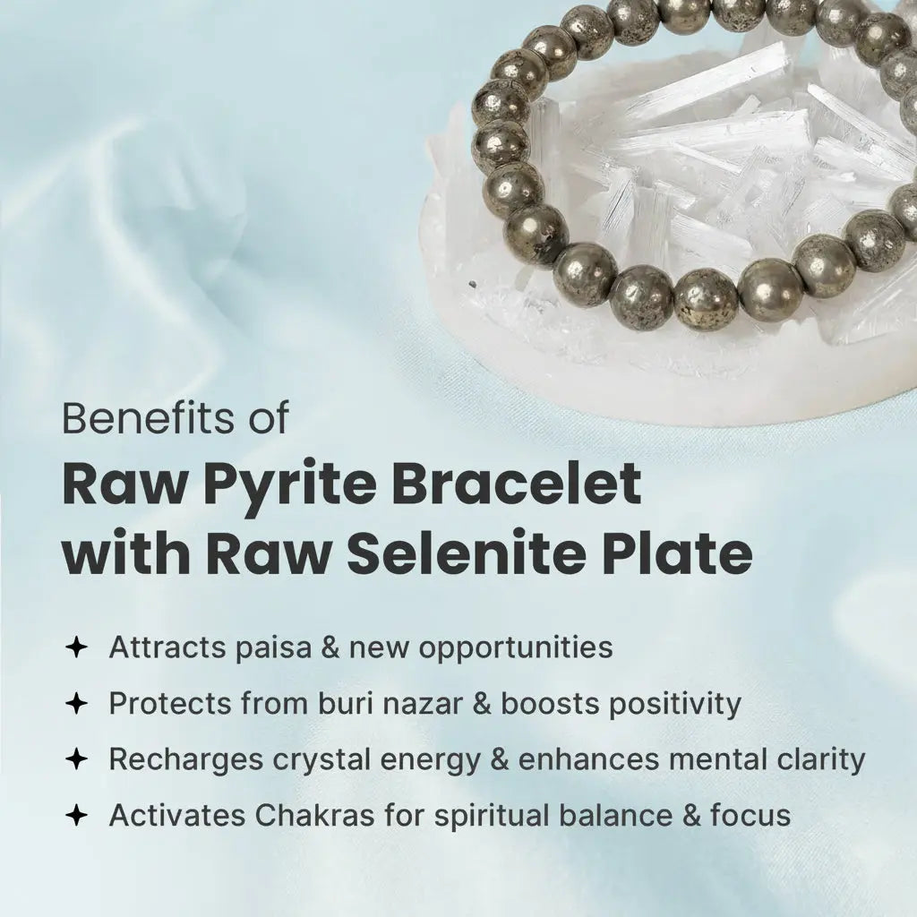Raw Pyrite Bracelet with FREE Raw Selenite Plate ( Lab Certified ) Gemoraa Talk